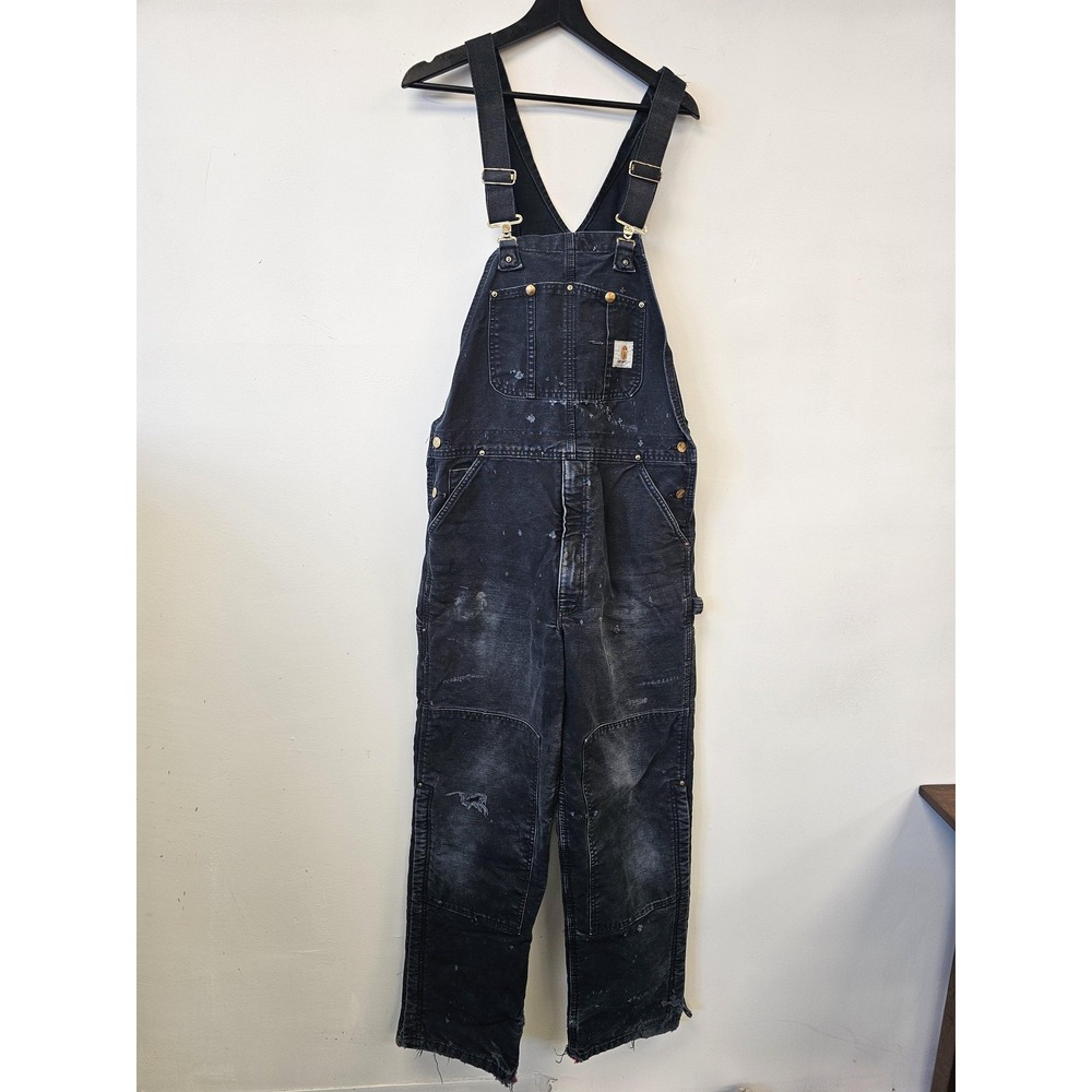 Carhartt Bib Overalls Mens Black Quilted Lined Double Knee Workwear Utility